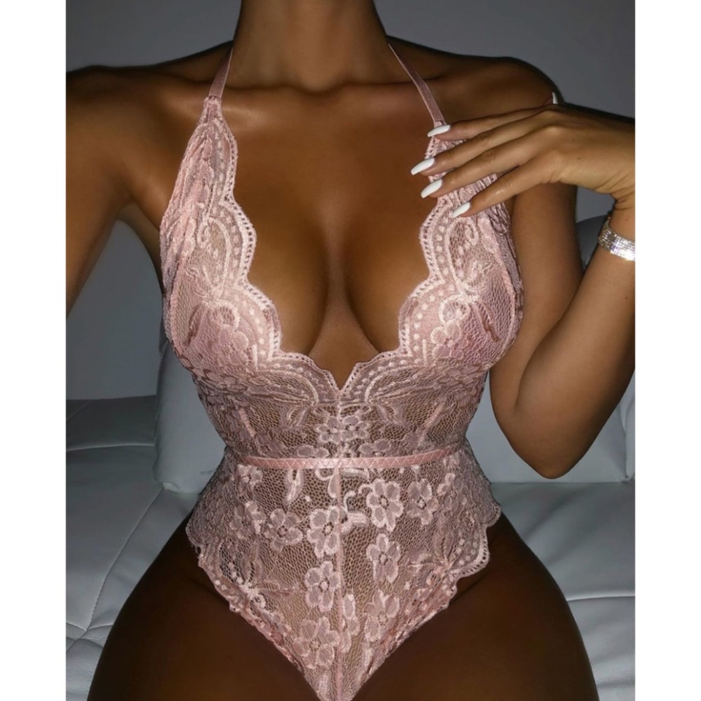 Pink Lace Halter Bodysuit Sexy Lingerie